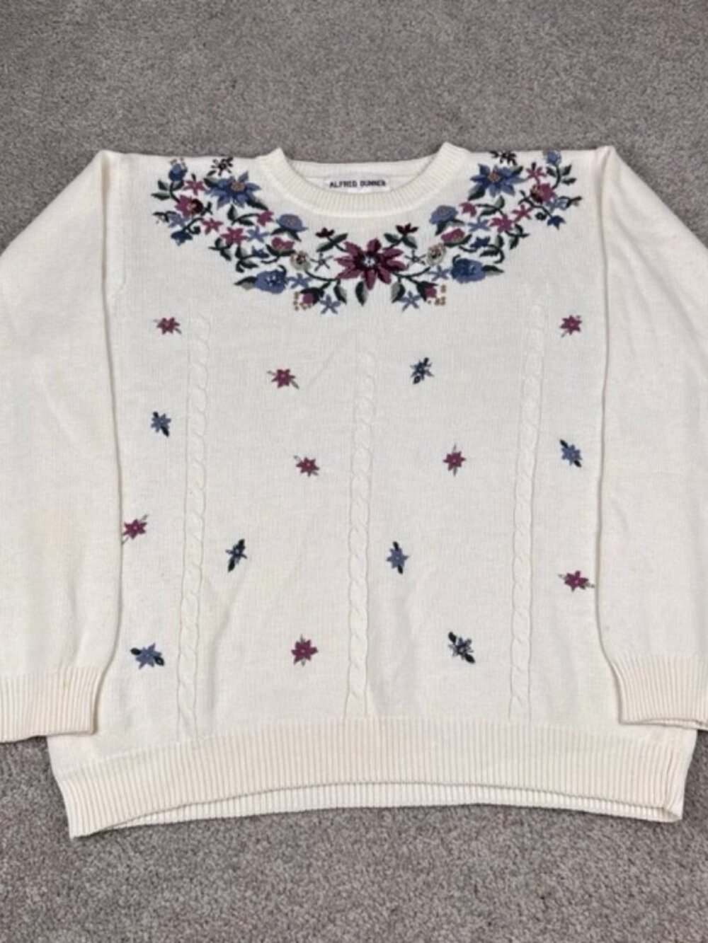 Vintage Alfred Dunner Floral Embroidered Knit Pullover Sweater Size Large Ramie